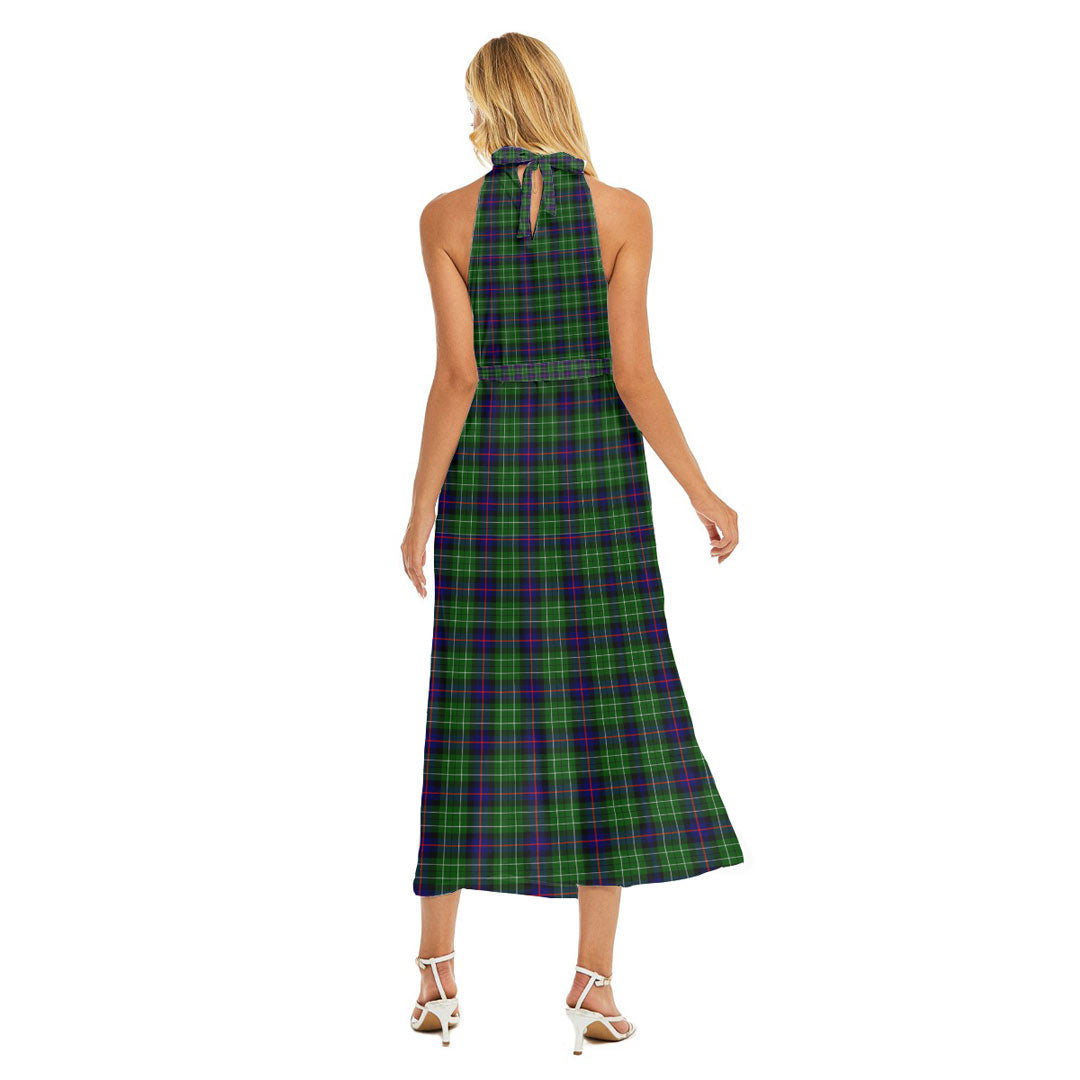 Leslie Hunting Tartan Crest Wrap Hem Belted Halter Dress