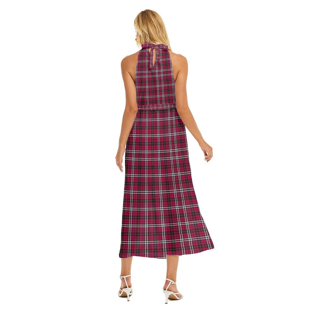 Little Tartan Crest Wrap Hem Belted Halter Dress