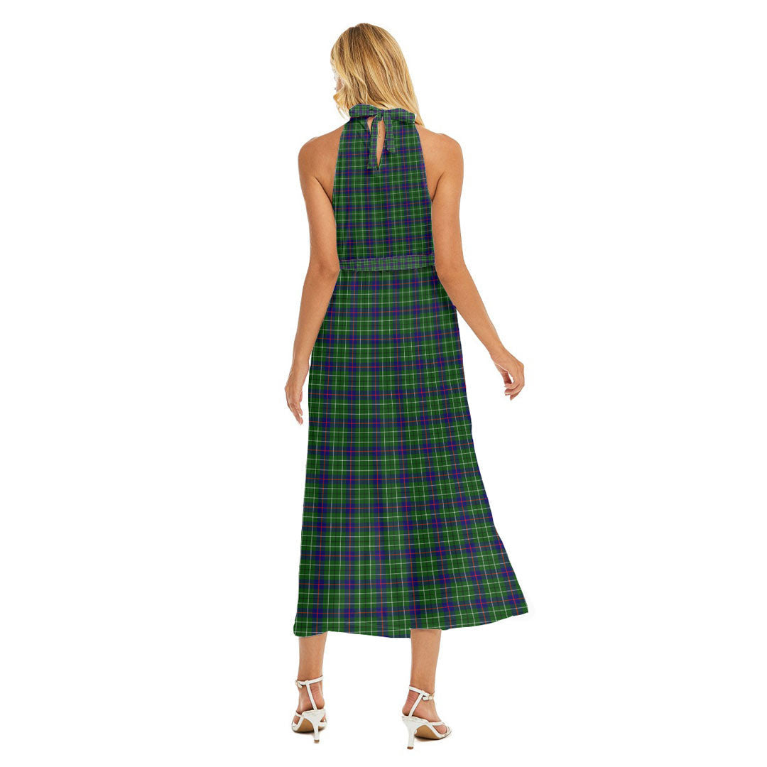 Duncan Modern Tartan Crest Wrap Hem Belted Halter Dress