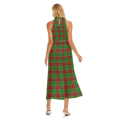 Baxter Modern Tartan Crest Wrap Hem Belted Halter Dress