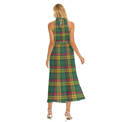 MacMillan Old Ancient Tartan Plaid Wrap Hem Belted Halter Dress