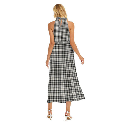 Scott Black White Ancient Tartan Plaid Wrap Hem Belted Halter Dress