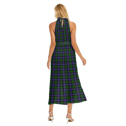 Russell Modern Tartan Crest Wrap Hem Belted Halter Dress