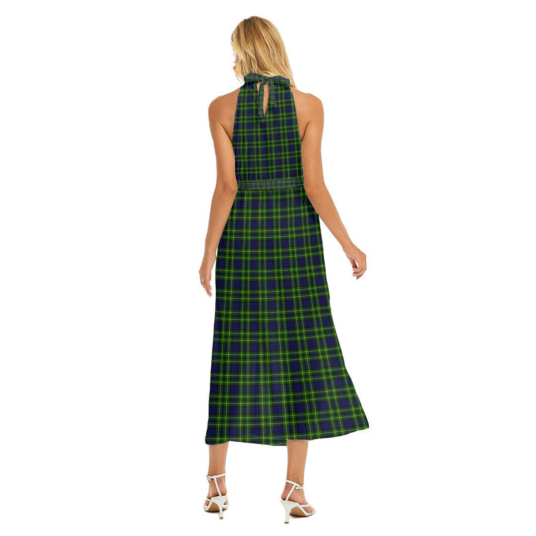 Campbell of Breadalbane Modern Tartan Crest Wrap Hem Belted Halter Dress