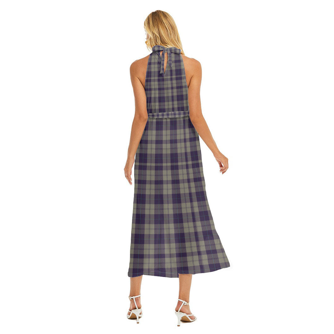 Cunningham Dress Blue Dancers Tartan Crest Wrap Hem Belted Halter Dress