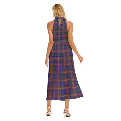 Chisholm Hunting Modern Tartan Crest Wrap Hem Belted Halter Dress