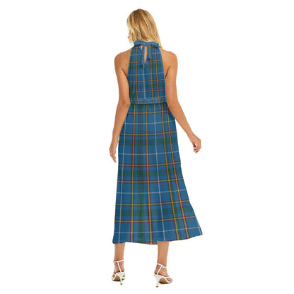 Bain Tartan Crest Wrap Hem Belted Halter Dress