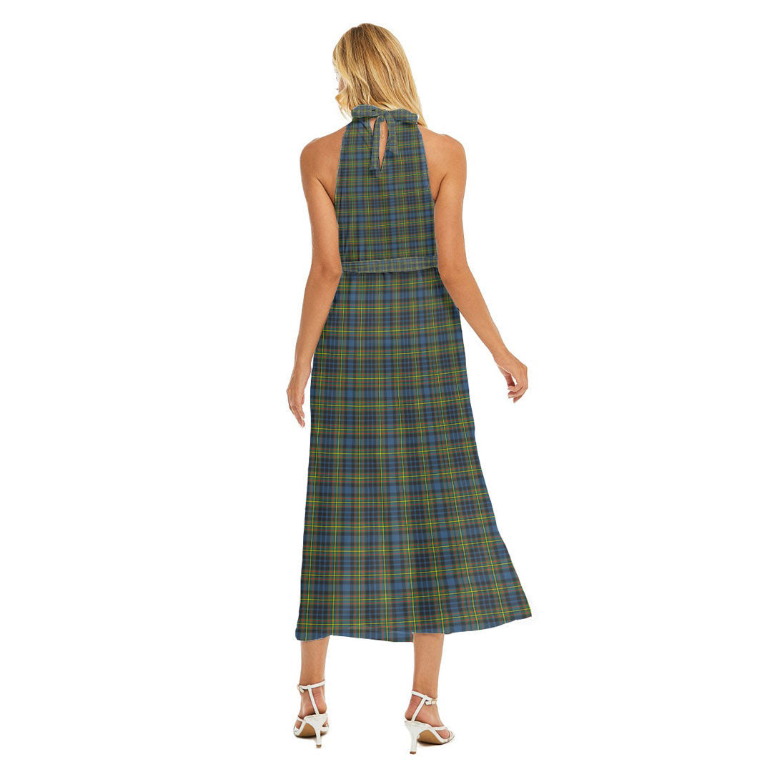 MacLellan Ancient Tartan Crest Wrap Hem Belted Halter Dress