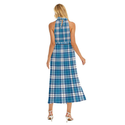 Roberton Tartan Crest Wrap Hem Belted Halter Dress