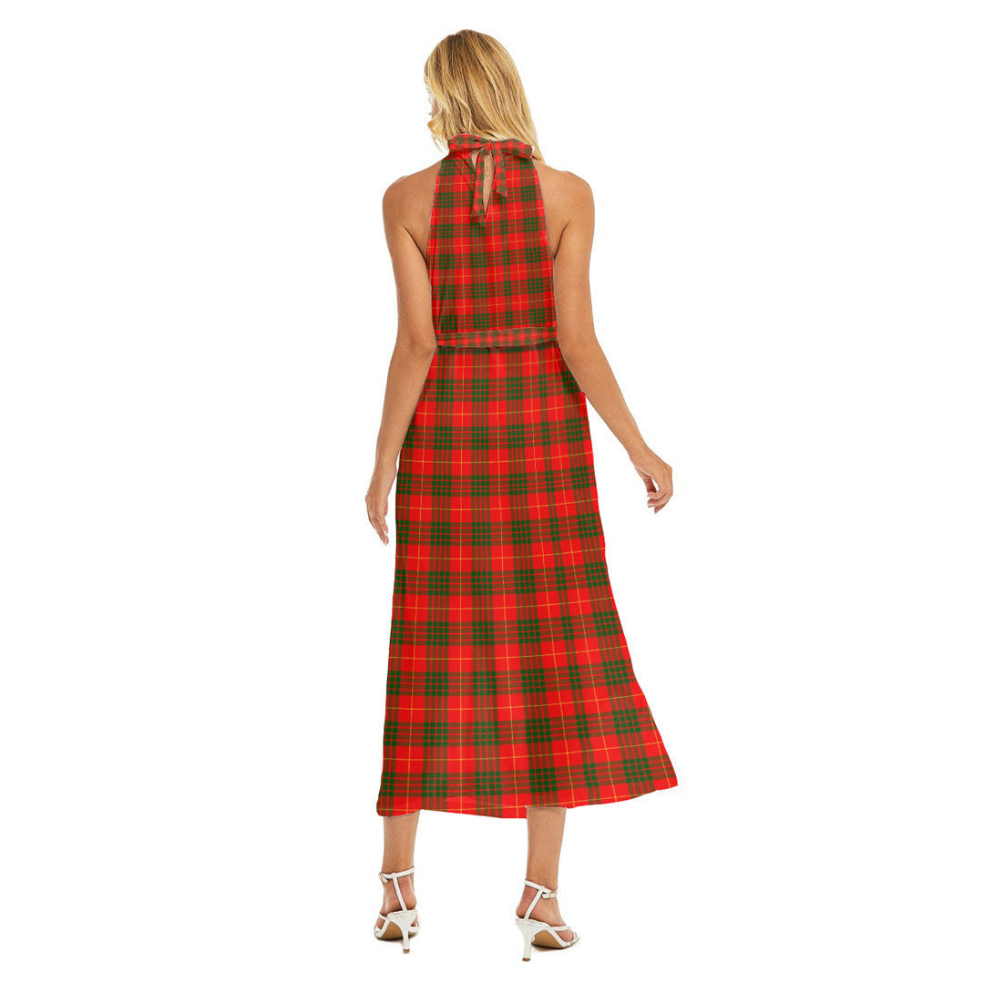 Cameron Modern Tartan Crest Wrap Hem Belted Halter Dress