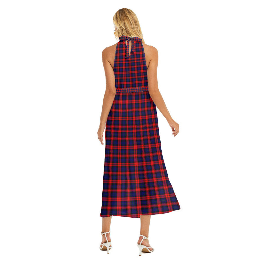 MacLachlan Modern Tartan Crest Wrap Hem Belted Halter Dress