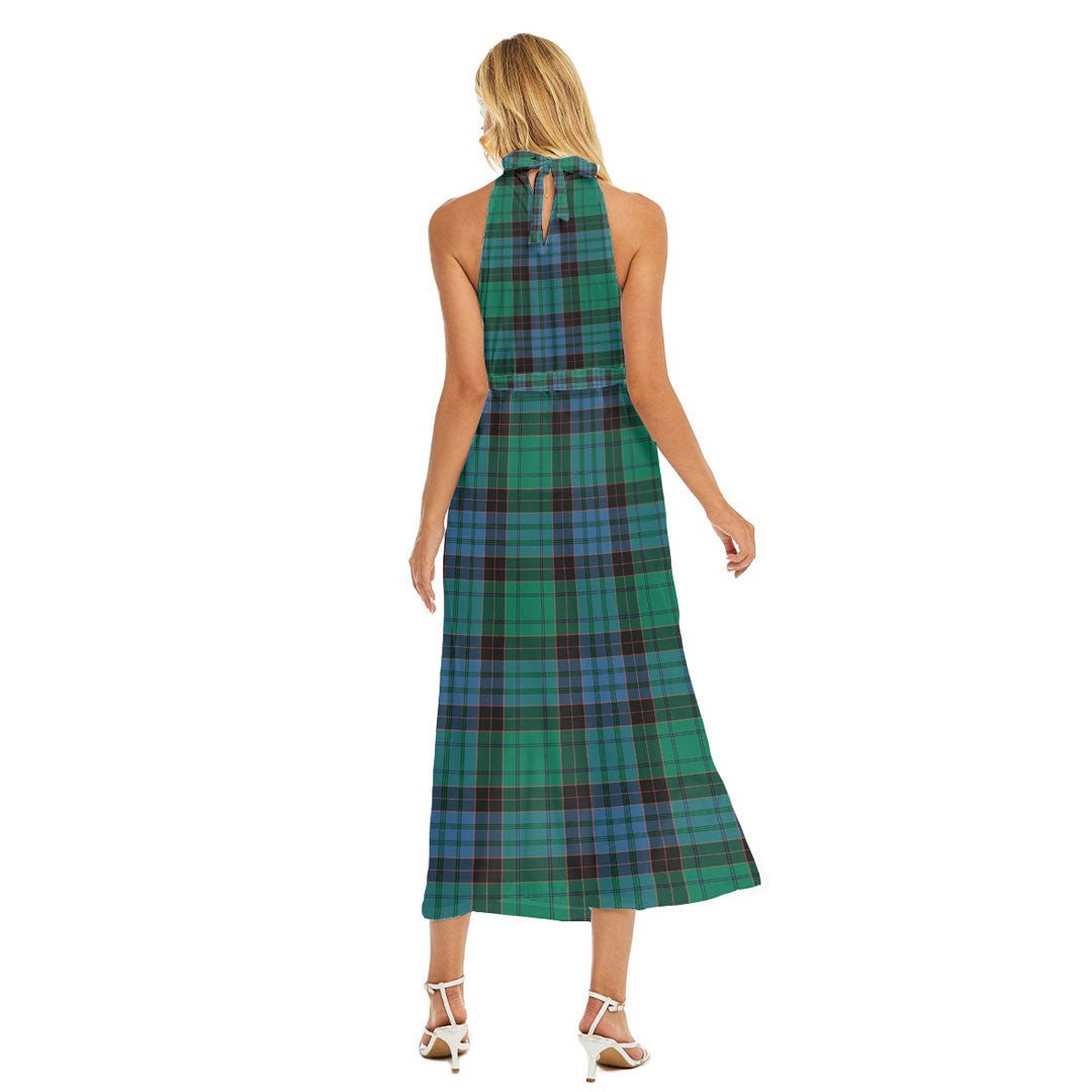 Stewart Old Ancient Tartan Plaid Wrap Hem Belted Halter Dress