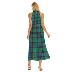 Stewart Old Ancient Tartan Plaid Wrap Hem Belted Halter Dress