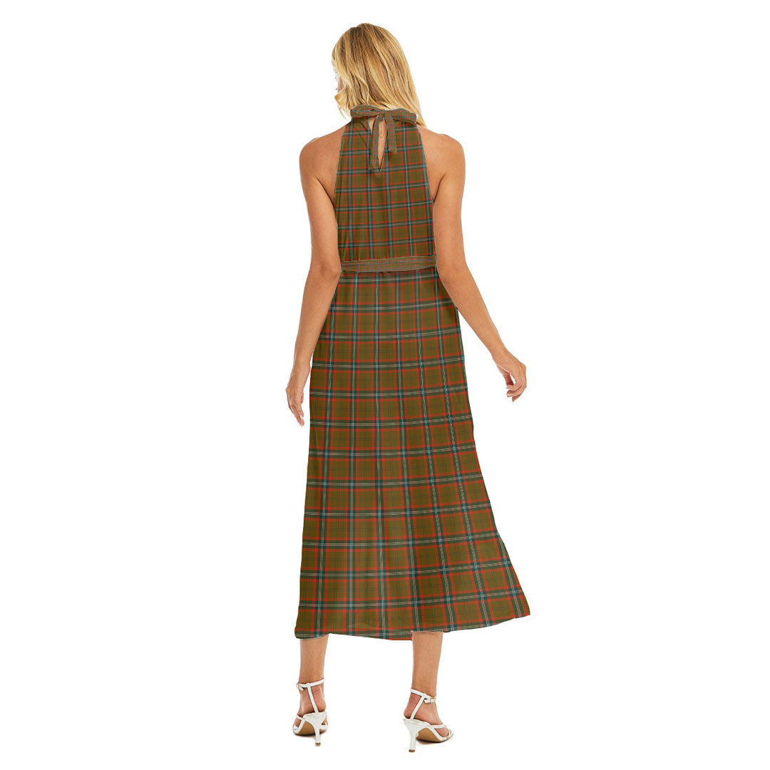 Seton Hunting Modern Tartan Crest Wrap Hem Belted Halter Dress