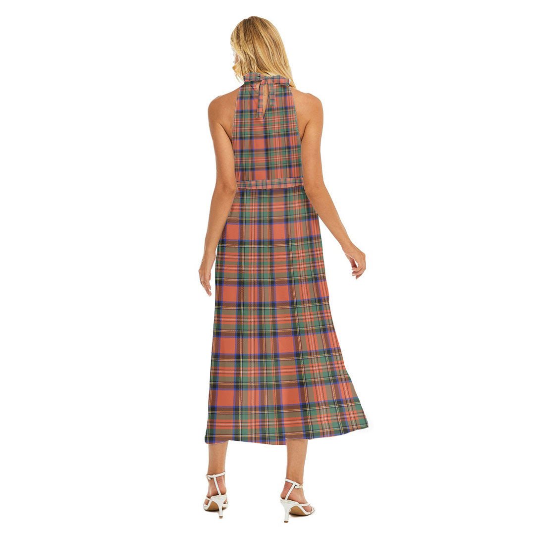Stewart Royal Ancient Tartan Crest Wrap Hem Belted Halter Dress