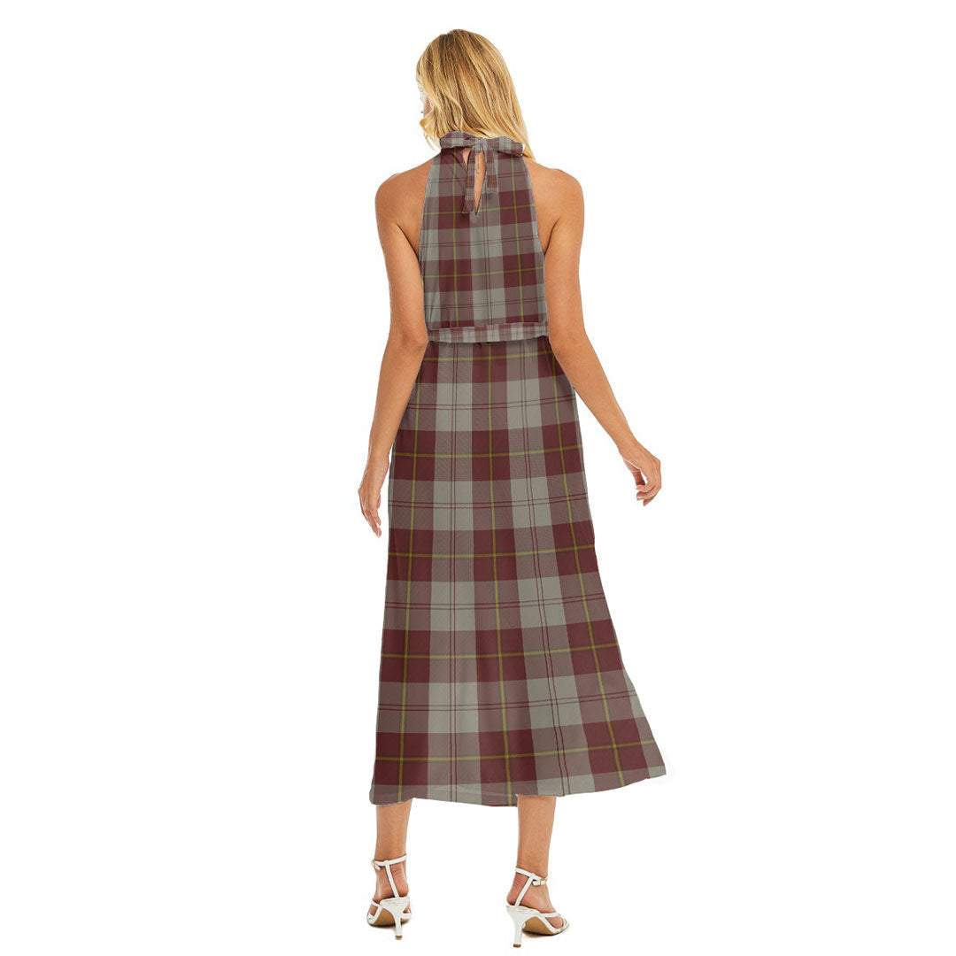 Cunningham Burgundy Dancers Tartan Plaid Wrap Hem Belted Halter Dress