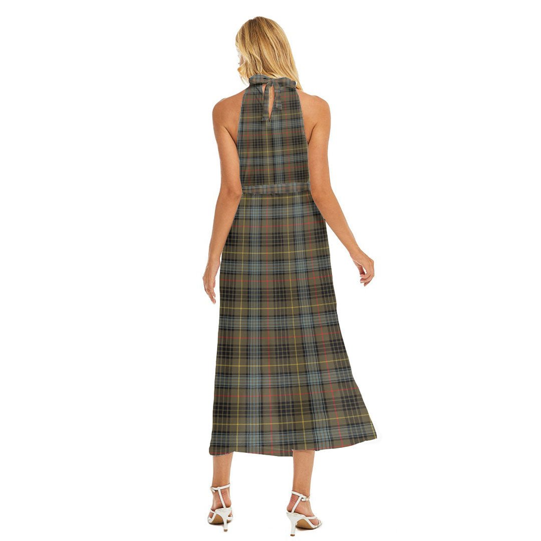 Stewart Hunting Weathered Tartan Plaid Wrap Hem Belted Halter Dress