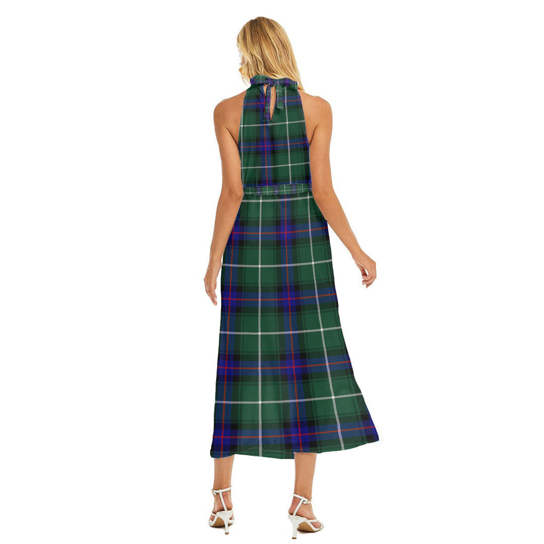 MacDonald of the Isles Hunting Modern Tartan Plaid Wrap Hem Belted Halter Dress