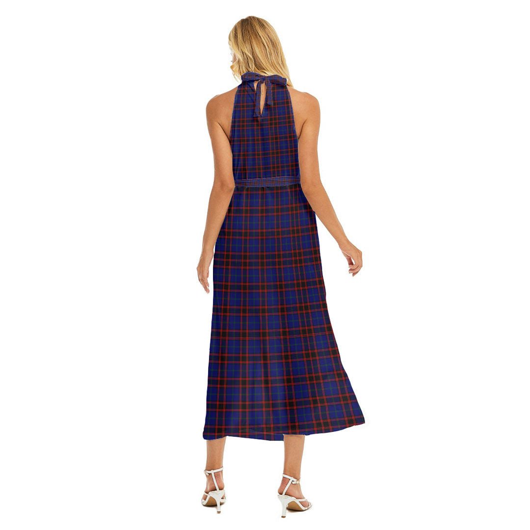 Home Modern Tartan Crest Wrap Hem Belted Halter Dress