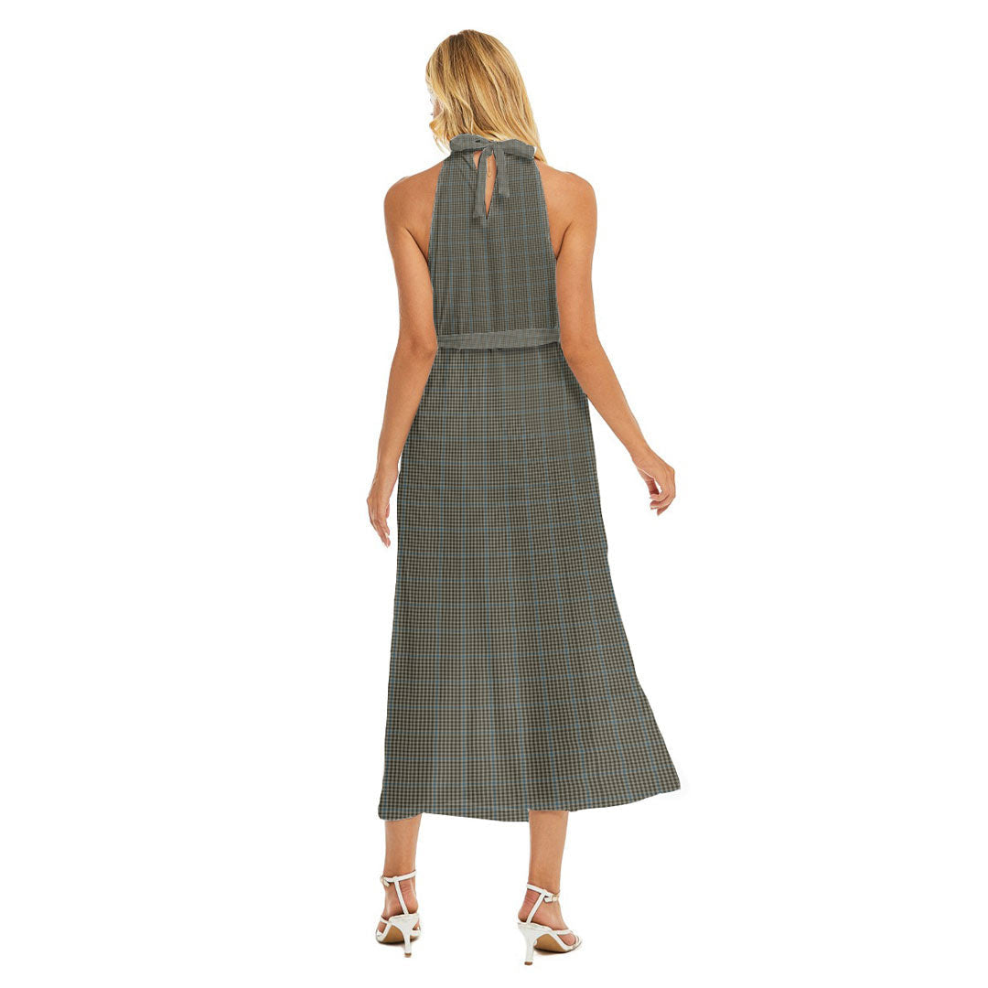 Haig Check Tartan Crest Wrap Hem Belted Halter Dress