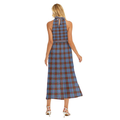 Anderson Modern Tartan Crest Wrap Hem Belted Halter Dress