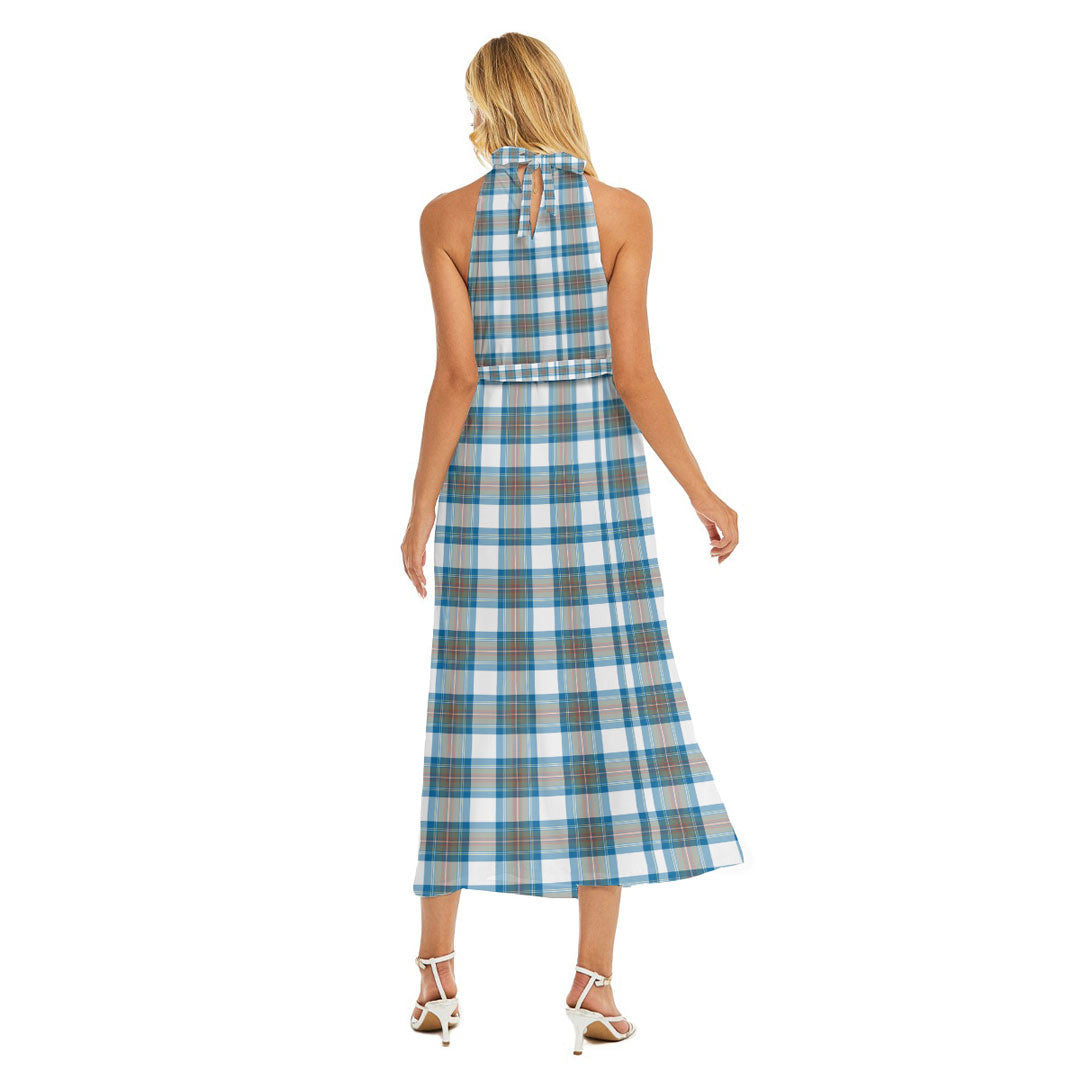 Stewart Muted Blue Tartan Crest Wrap Hem Belted Halter Dress