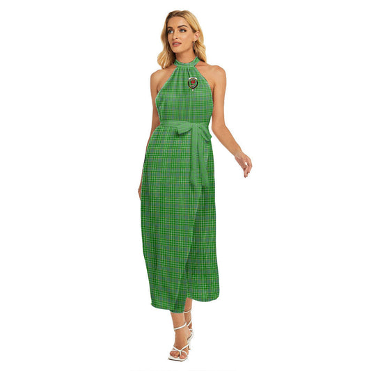 Currie Tartan Crest Wrap Hem Belted Halter Dress