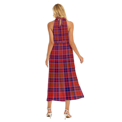 Cameron of Lochiel Modern Tartan Crest Wrap Hem Belted Halter Dress