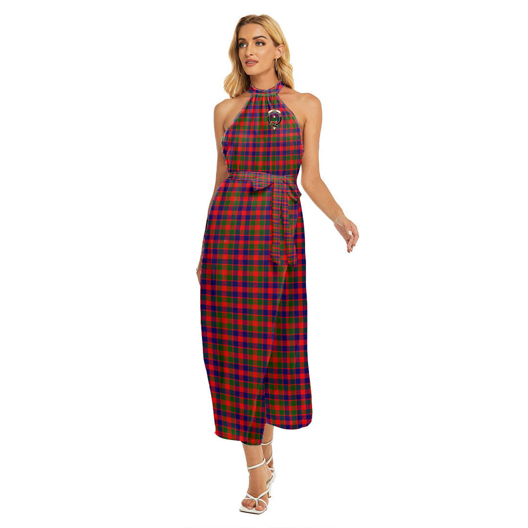 Gow Modern Tartan Crest Wrap Hem Belted Halter Dress