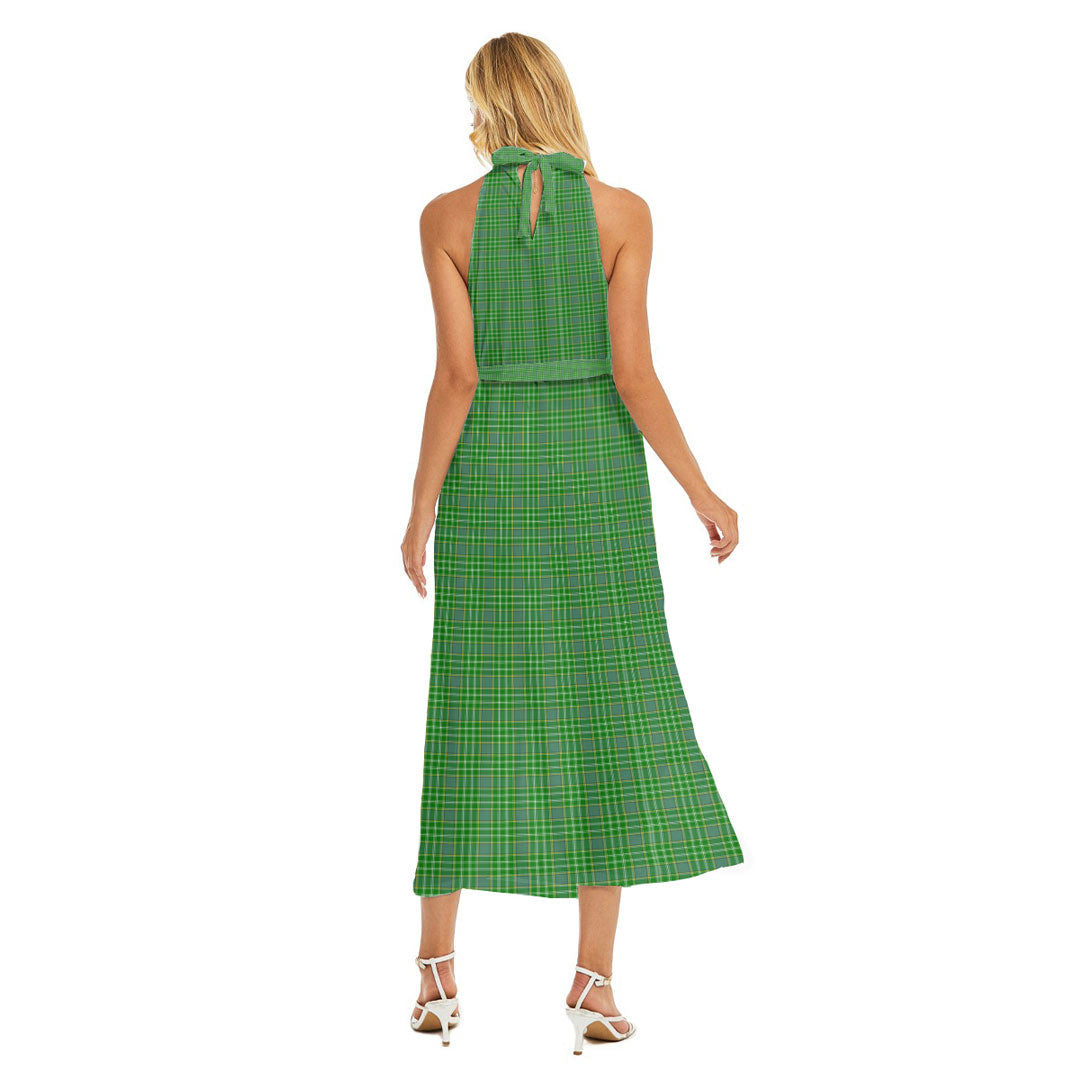 Currie Tartan Crest Wrap Hem Belted Halter Dress