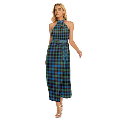 Guthrie Ancient Tartan Crest Wrap Hem Belted Halter Dress