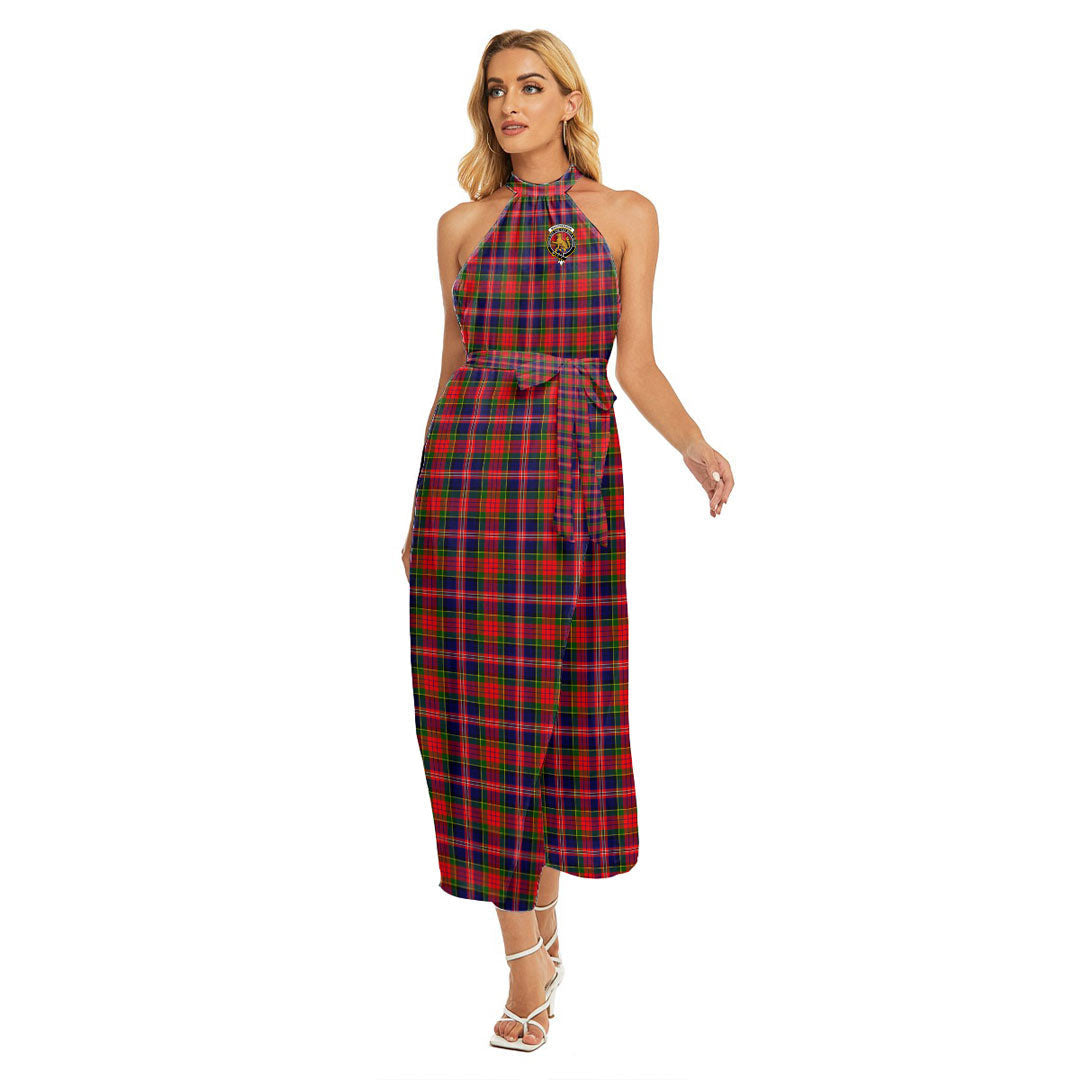 MacPherson Modern Tartan Crest Wrap Hem Belted Halter Dress