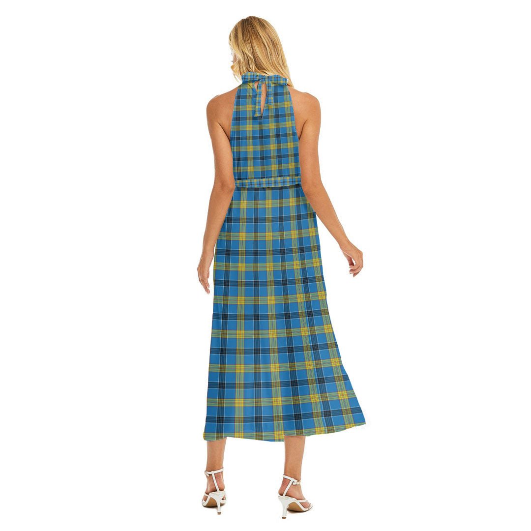 Laing Tartan Crest Wrap Hem Belted Halter Dress