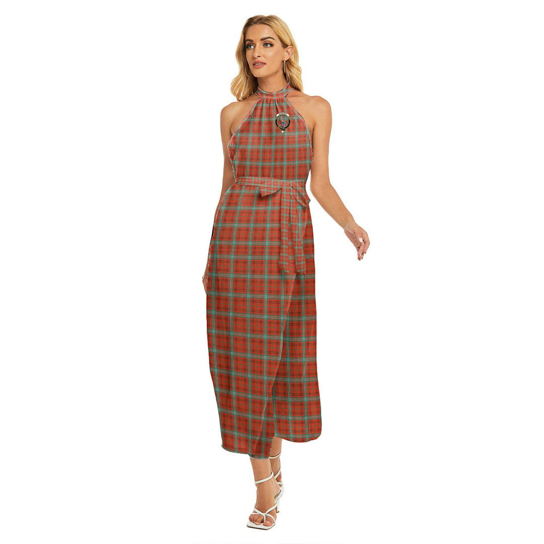 Morrison Red Ancient Tartan Crest Wrap Hem Belted Halter Dress