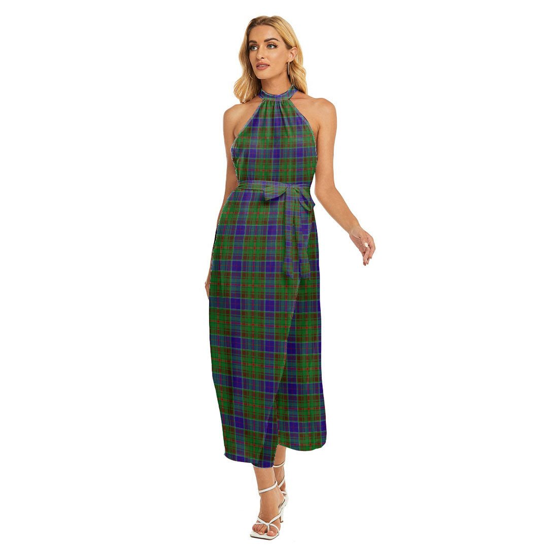 Adam Tartan Plaid Wrap Hem Belted Halter Dress