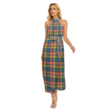 Buchanan Ancient Tartan Plaid Wrap Hem Belted Halter Dress