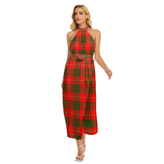 Cameron Modern Tartan Plaid Wrap Hem Belted Halter Dress