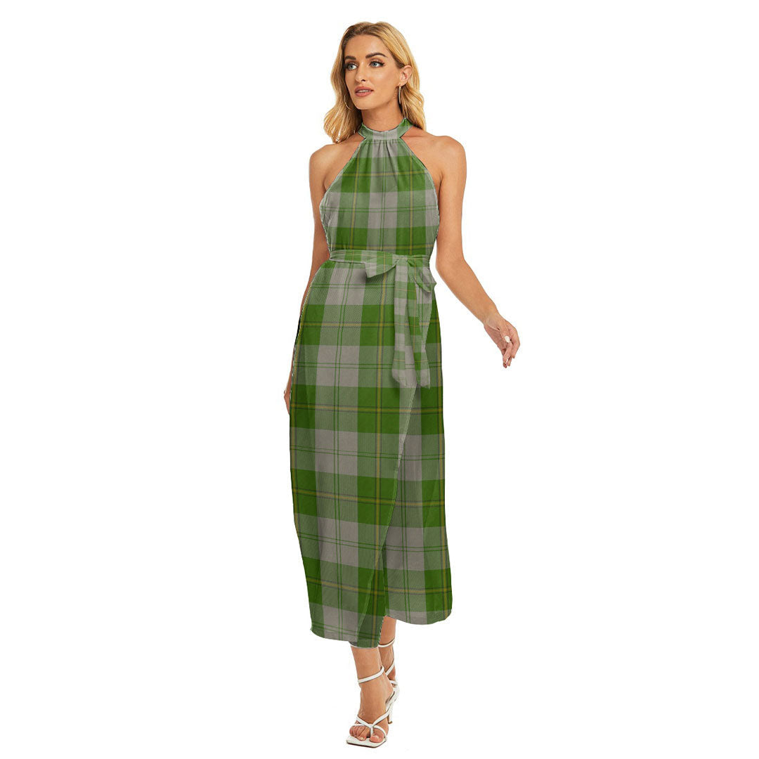 Cunningham Dress Green Dancers Tartan Plaid Wrap Hem Belted Halter Dress