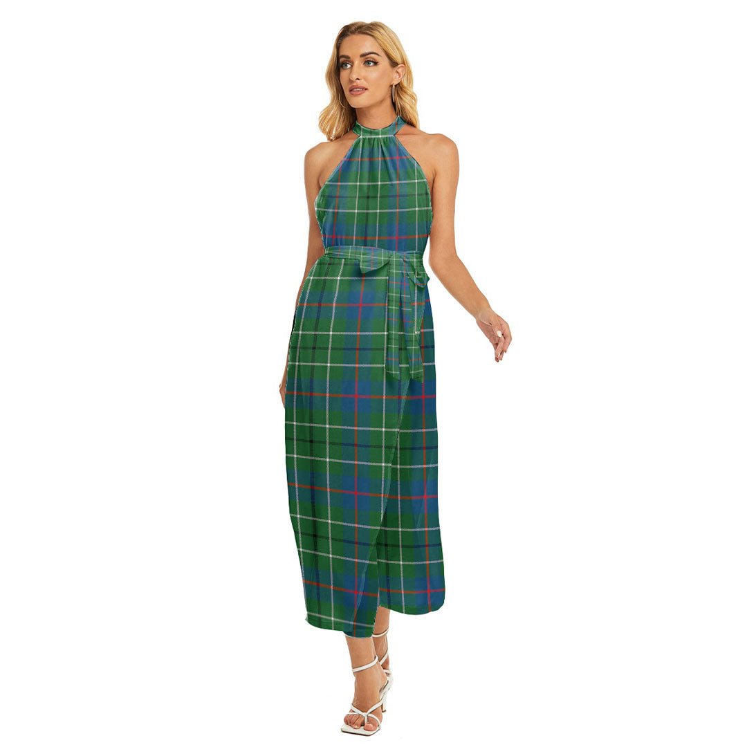 Duncan Ancient Tartan Plaid Wrap Hem Belted Halter Dress