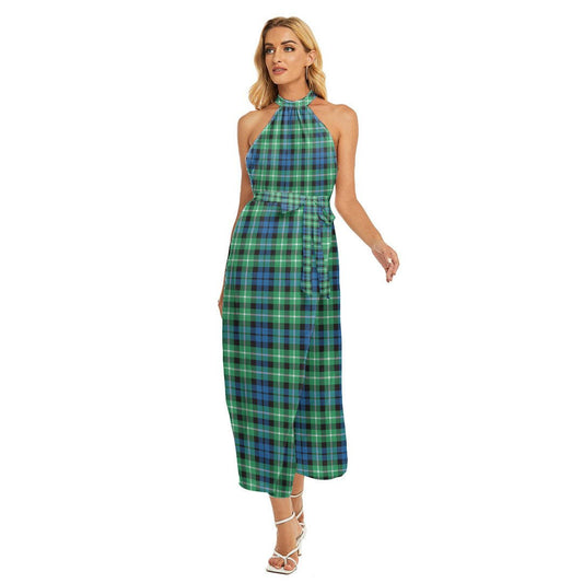 Graham of Montrose Ancient Tartan Plaid Wrap Hem Belted Halter Dress