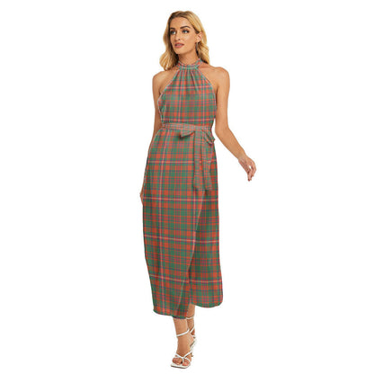 MacKinnon Ancient Tartan Plaid Wrap Hem Belted Halter Dress