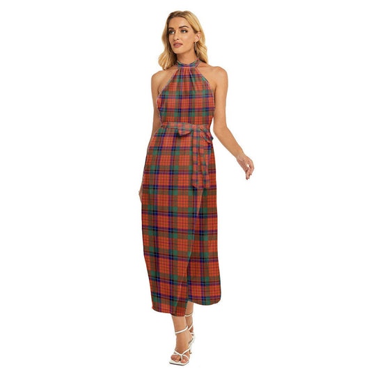 Nicolson Ancient Tartan Plaid Wrap Hem Belted Halter Dress