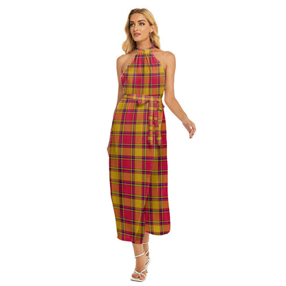 Scrymgeour Tartan Plaid Wrap Hem Belted Halter Dress