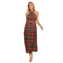 Stewart Royal Modern Tartan Plaid Wrap Hem Belted Halter Dress
