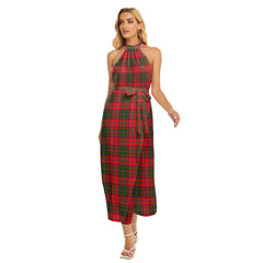 Stewart of Appin Modern Tartan Plaid Wrap Hem Belted Halter Dress