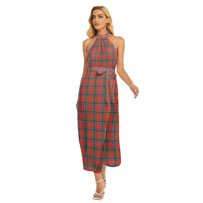 Sinclair Ancient Tartan Plaid Wrap Hem Belted Halter Dress