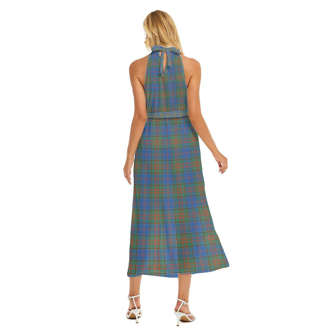 Stewart of Appin Hunting Ancient Tartan Plaid Wrap Hem Belted Halter Dress
