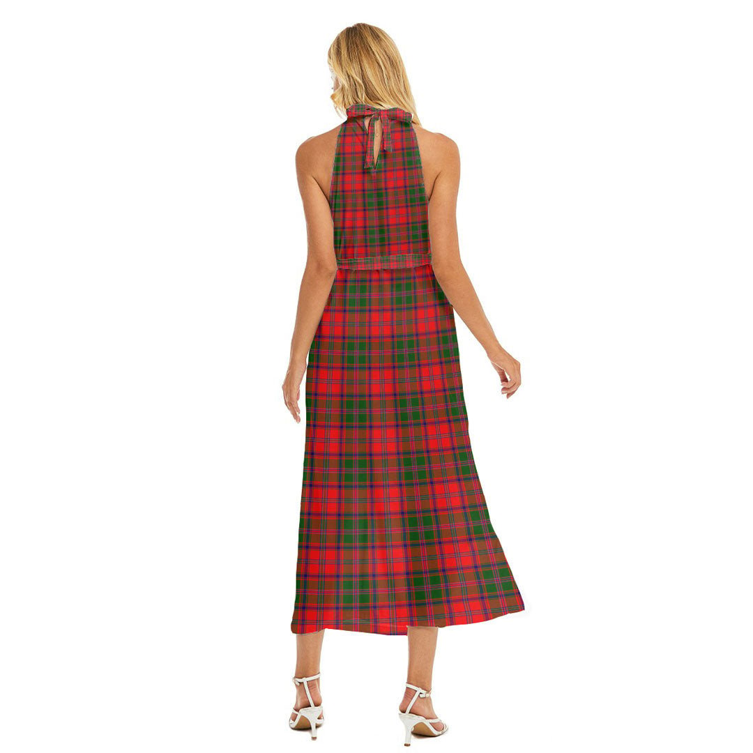 Stewart of Appin Modern Tartan Plaid Wrap Hem Belted Halter Dress