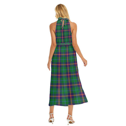 Young Modern Tartan Plaid Wrap Hem Belted Halter Dress