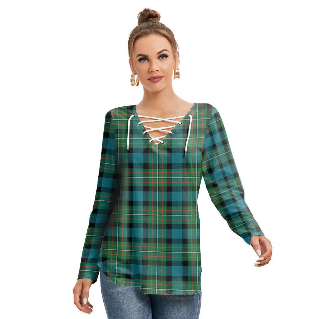 FERGUSON ANCIENT Tartan Plaid Long Sleeve Neckline Tie Sweatshirt